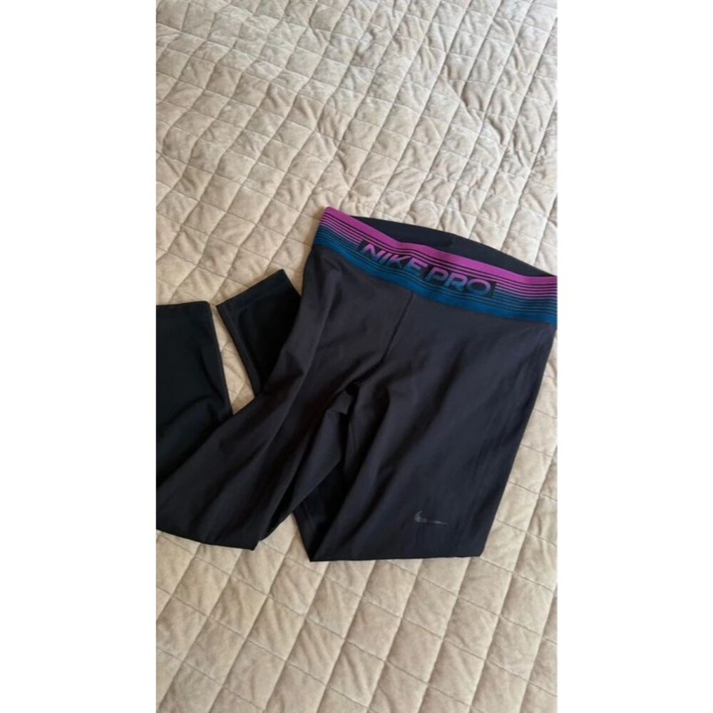 Nike Pro Women’s Large Black Dri-FIT Training Leggings Pink Blue Waistband